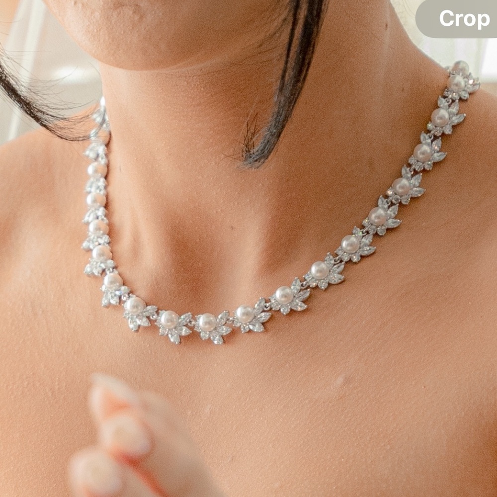 Cubic zirconia and pearl bridal necklace and bracelet set